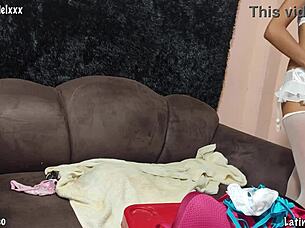 Latina teen boldly fucks her tight asshole in sexy lingerie