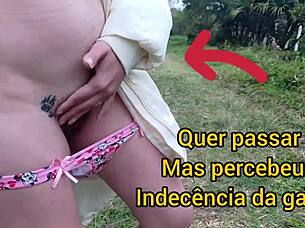 Naughty redhead punk flashes shaved pussy without panties in public park outdoors