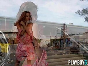 Petite Russian milf strips naked outdoors to reveal her all-natural body with small tits and brunette hair