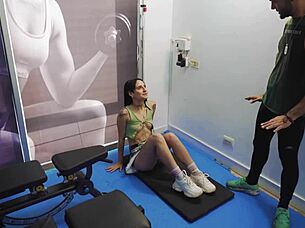 She works out hard at the gym, getting spanked and fucked roughly by muscular bodybuilder.