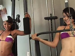 Two athletic teen 18+ ebony girls get fucked hard by their fitness instructor with big black cock in gym session