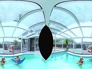 Hey, let's dive into this wild foursome by the pool, licking those big tits and shaved pussies while we assfuck hard!