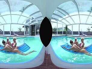 Hey, let's dive into this wild foursome by the pool, licking those big tits and shaved pussies while we assfuck hard!