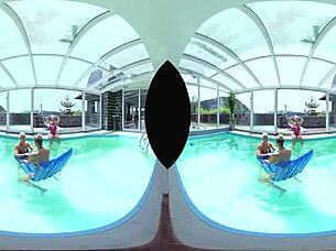 Hey, let's dive into this wild foursome by the pool, licking those big tits and shaved pussies while we assfuck hard!