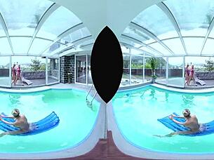 Hey, let's dive into this wild foursome by the pool, licking those big tits and shaved pussies while we assfuck hard!