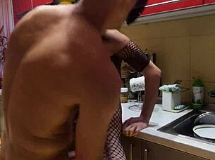 Amateur milf wife enjoys passionate kissing before intense assfucking in stockings on kitchen counter