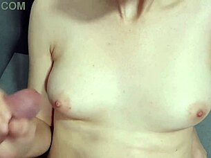 Teen handjob leads to cumshot on natural tits scene.