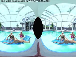 Hey, let's dive into this wild foursome by the pool, licking those big tits and shaved pussies while we assfuck hard!