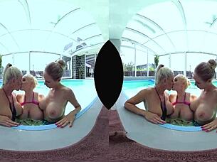 Hey, let's dive into this wild foursome by the pool, licking those big tits and shaved pussies while we assfuck hard!