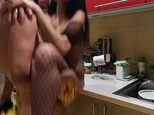 Amateur milf wife enjoys passionate kissing before intense assfucking in stockings on kitchen counter