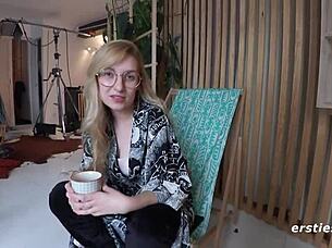 nat invites german friends for romantic kissing and licking in amateur lesbian play with pierced nipples