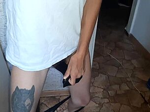 She thrusts a dildo into her hairy pussy while I stroke my shaved one to orgasm