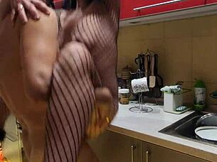 Amateur milf wife enjoys passionate kissing before intense assfucking in stockings on kitchen counter