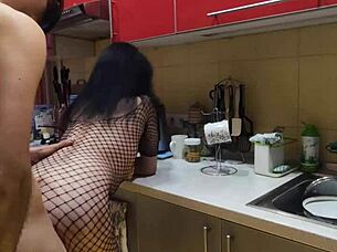 Amateur milf wife enjoys passionate kissing before intense assfucking in stockings on kitchen counter