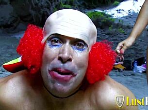 Busty young wife with big ass meets a clown for a chat