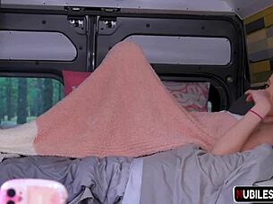 In the garage, a young woman gets wild during a reality car encounter, exploring passionate desires freely.