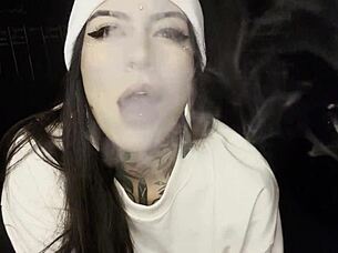 Amateur with big natural tits and pierced tongue masturbates solo with machine