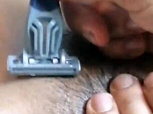 hairy pussy masturbates close up then gets shaved completely after orgasm 😈