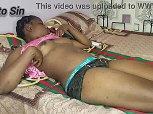 Caught pretty black babe watching porn on laptop then bent over for doggystyle blowjob