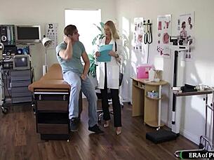 Hey, busty doctor checks out and handles a big cock