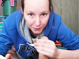 petite amateur brunette in hoodie sucks huge cock on bed until swallowing cum mouthful