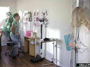 Hey, busty doctor checks out and handles a big cock