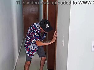 An older man unexpectedly joins a young redhead in the bathroom, exploring submissive ass worship in pantyhose.