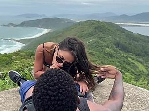 Exhibitionist brazilian slut gets bareback fucked outdoors with interracial creampie in public