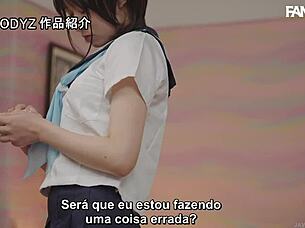 Yuuhi Shitara experiences light nipple visibility on rainy days in this Japanese scene.