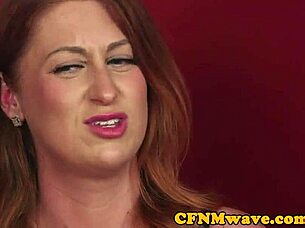 I love how these CFNM femdoms facesit and jerk in a group with British redhead piercing and tattoo action.