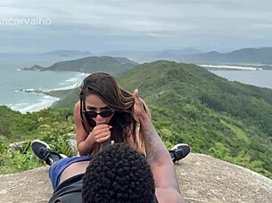 Exhibitionist brazilian slut gets bareback fucked outdoors with interracial creampie in public