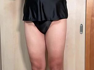 Teen Asian amateur plugs huge ass with buttplug in shiny school swimsuit uniform fetish play