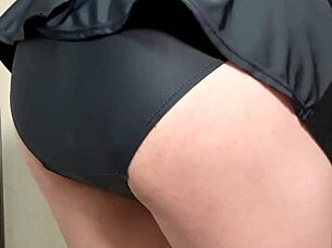Teen Asian amateur plugs huge ass with buttplug in shiny school swimsuit uniform fetish play
