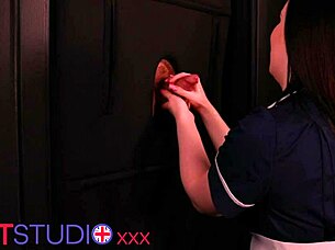 nurse heads to the gloryhole right after her shift for some deepthroat action and cum swallowing fun