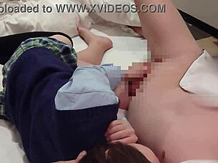 Petite Asian maid in uniform rides cowgirl style until creampie fills her wet pussy