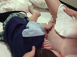 Petite Asian maid in uniform rides cowgirl style until creampie fills her wet pussy