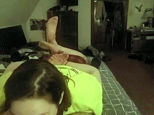 Redhead Submissive Slave Laying on Stomach for Deepthroat Blowjob Action