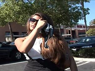 Madelyn Marie shows off perfect tits while giving blowjob and riding cowgirl to facial cumshot in pantyhose handjob scene.