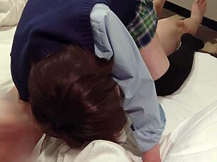 Petite Asian maid in uniform rides cowgirl style until creampie fills her wet pussy