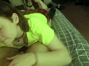 Redhead Submissive Slave Laying on Stomach for Deepthroat Blowjob Action