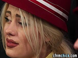 Clothed British students dominate with femdom handjobs and humiliation