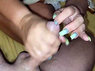 Whipped cream on his cock leads to intense urethra fucking with my long nail in bed