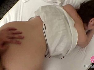 Nasty Asian babe rides cowgirl and fingers pussy in wild Japanese housewife action!