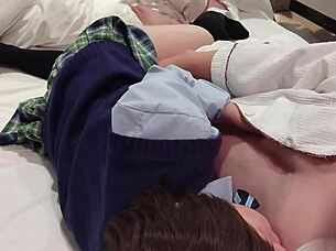 Petite Asian maid in uniform rides cowgirl style until creampie fills her wet pussy