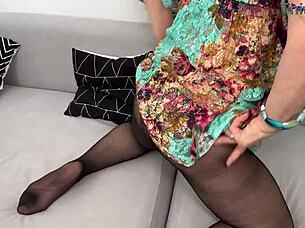 Oh yeah, this horny gilf in black pantyhose is bending over for deep anal from that stud. She's riding him wild like a total slut!