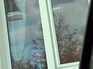 hey, that taxi driver spotted a naked milf in stockings washing windows without panties outdoors 😏