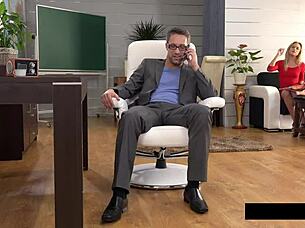 Blonde nerd in glasses and skirt takes mouthful of cum after wild licking and doggystyle pounding! 😏🔥