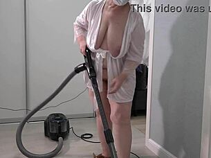 A chubby mature housewife struts around in a short robe, her thick ass and big saggy boobs jiggling freely.
