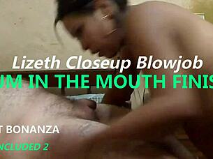 lizeth gives a closeup blowjob casually until he cums in her mouth.