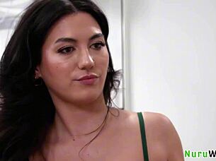 two naughty petite girls get wet during nuru massage, sharing seth gamble's big cock in hardcore threesome with megan and lucky anne